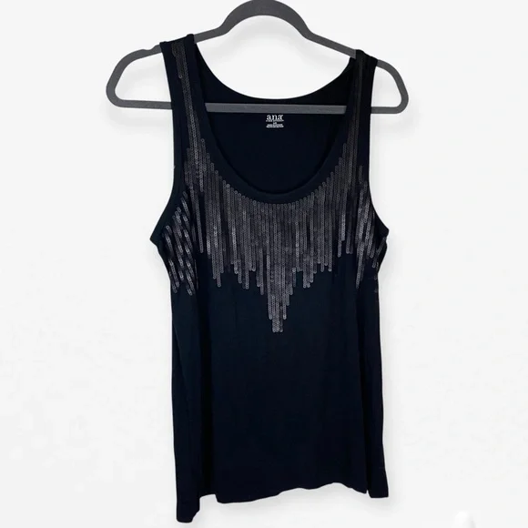 ANA Black Sequin Accent Sleeveless Stretch knit Tank Top L - Picture 5 of 8